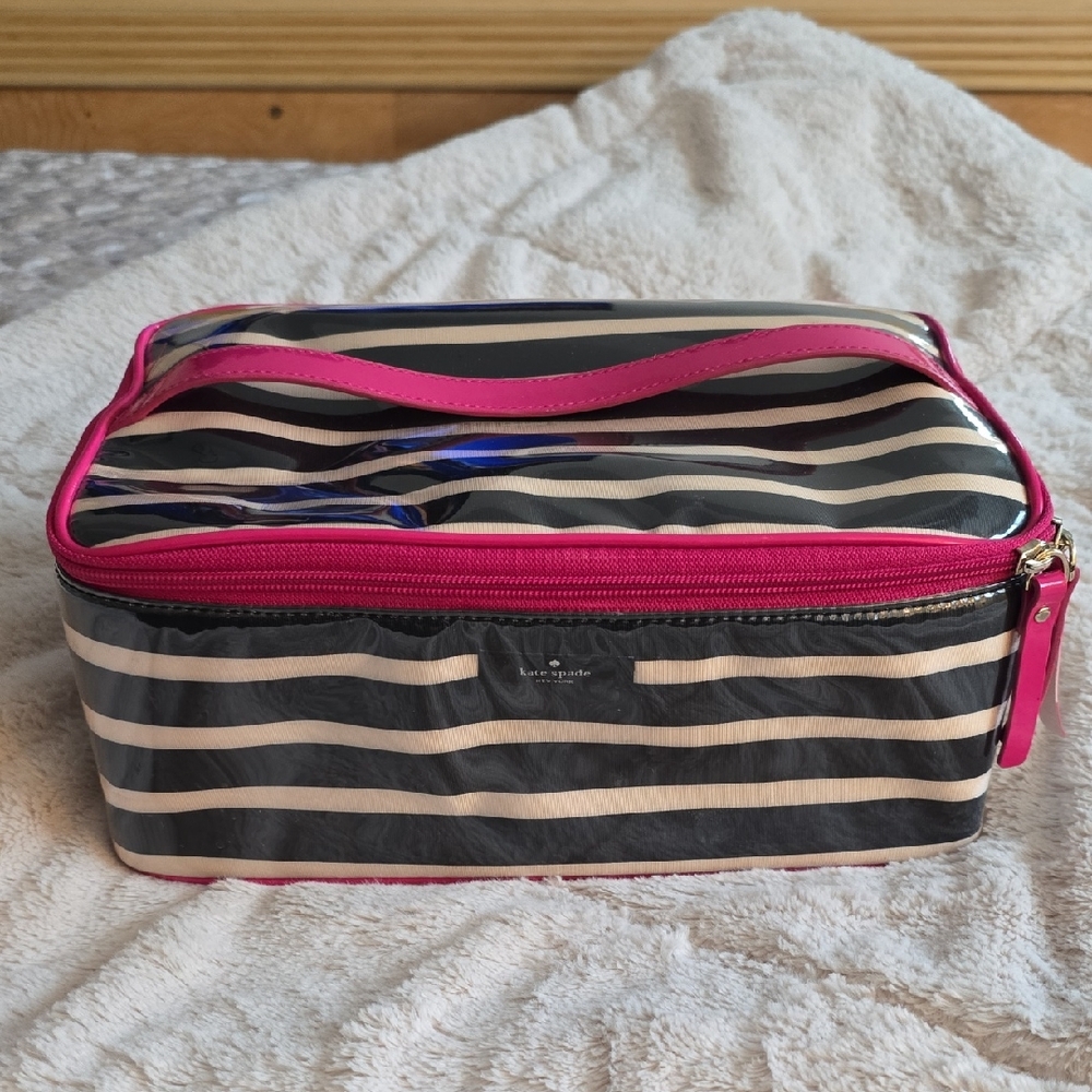 Kate Spade Black and Cream Striped Cosmetic Case